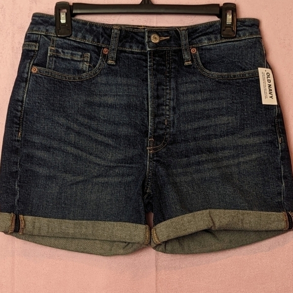 Old Navy High Rise O.G. Straight Cuffed Dark Wash Jean Shorts size 8 - Picture 1 of 6